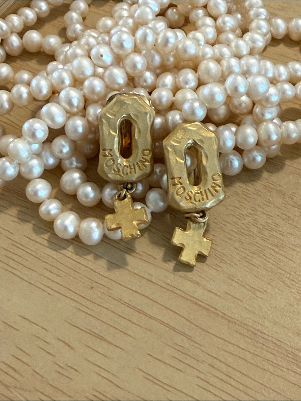 Vintage Moschino Chunky Gold Branded Clip-On Earrings Dangle Cross Circa 90s